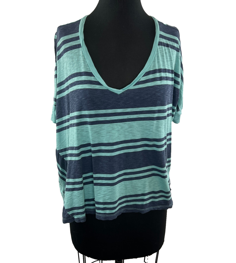 SPLENDID Blue Striped Cottom Flowy Assymetric Top Shirt Size L Large